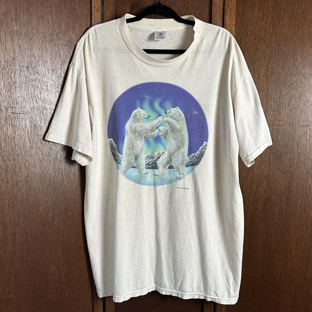 Vintage Polar Bears Dancing T-Shirt XL 90s Animal Environmental Northern Lights - Picture 2 of 4
